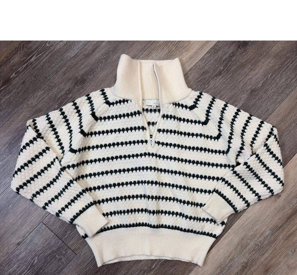 Pinch Striped Half Zip Mock Neck Fuzzy Sweater Medium Cream Green